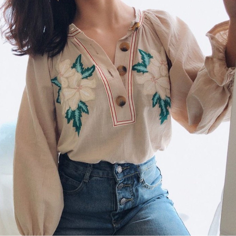 ANTIK BATIK Zahid Embroidered Floral Cotton Beige Blouse S / 38